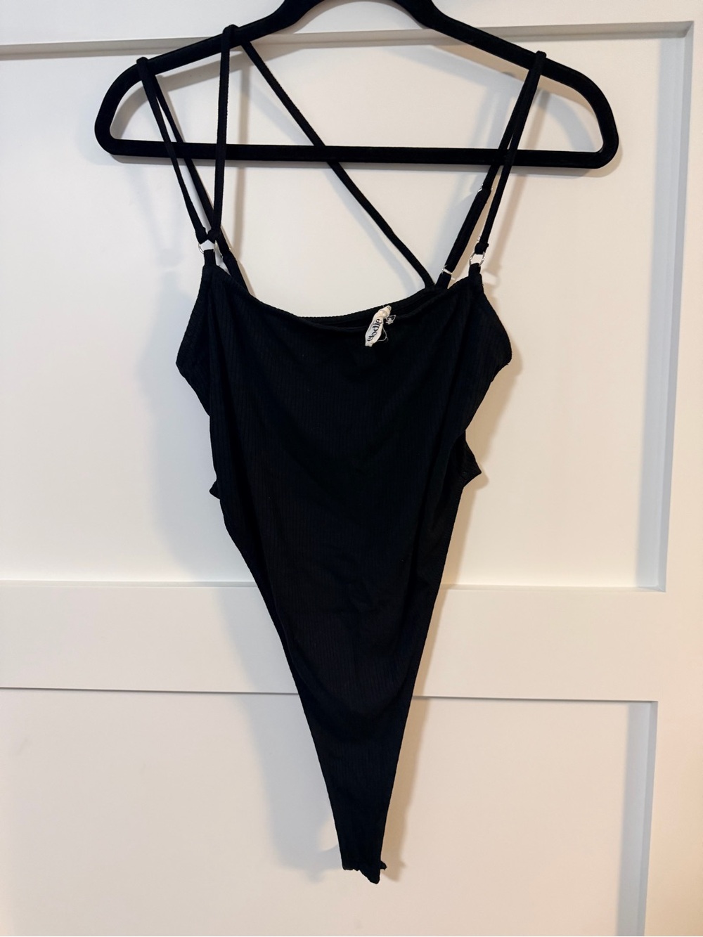 Elodie Black Ribbed Spaghetti-Strap Bodysuit